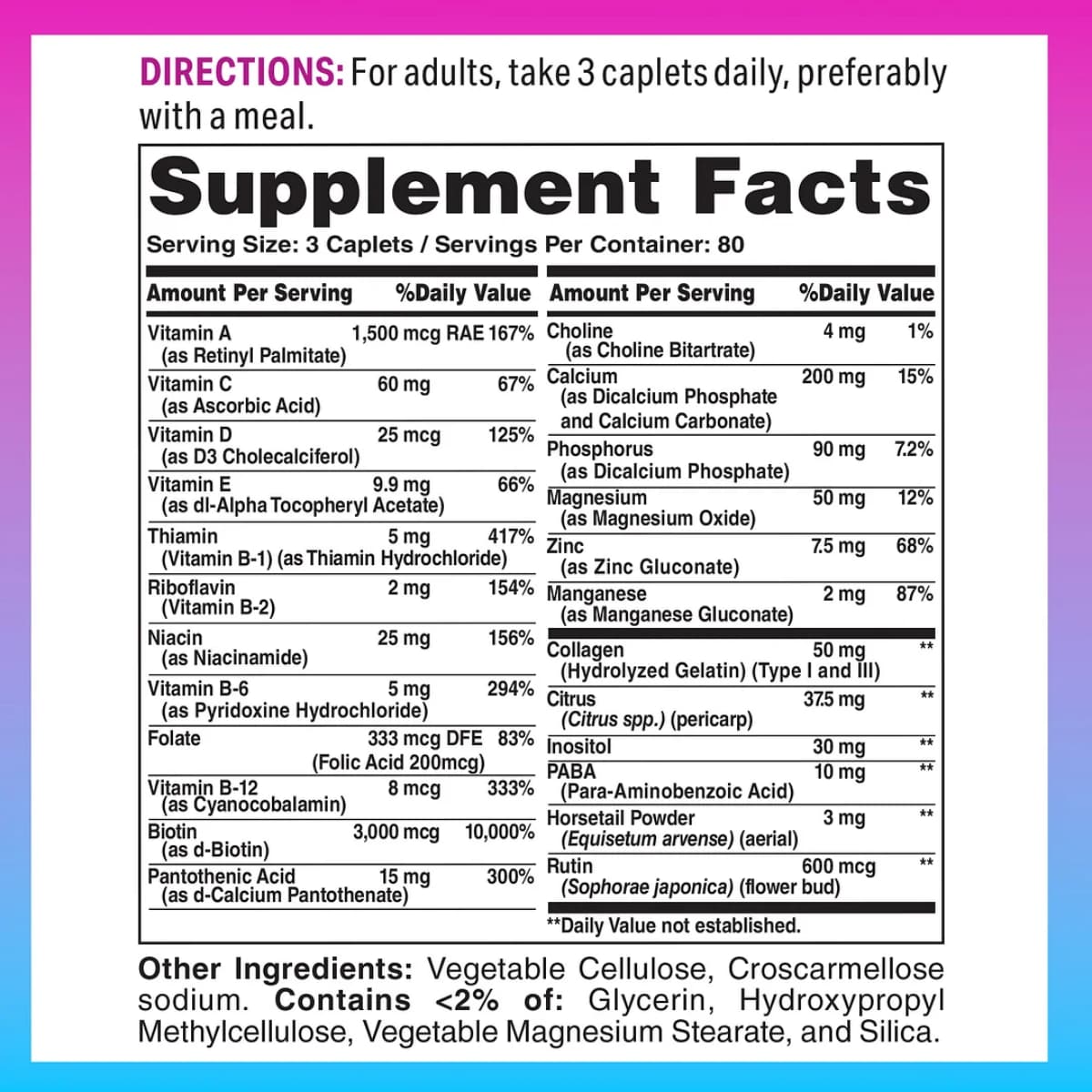 Tabla nutricional del suplemento Vitamin World Colágeno Tipo I y III Cabello, Piel y Uñas 240 cápsulas