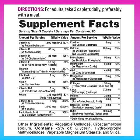 Tabla nutricional del suplemento Vitamin World Colágeno Tipo I y III Cabello, Piel y Uñas 240 cápsulas