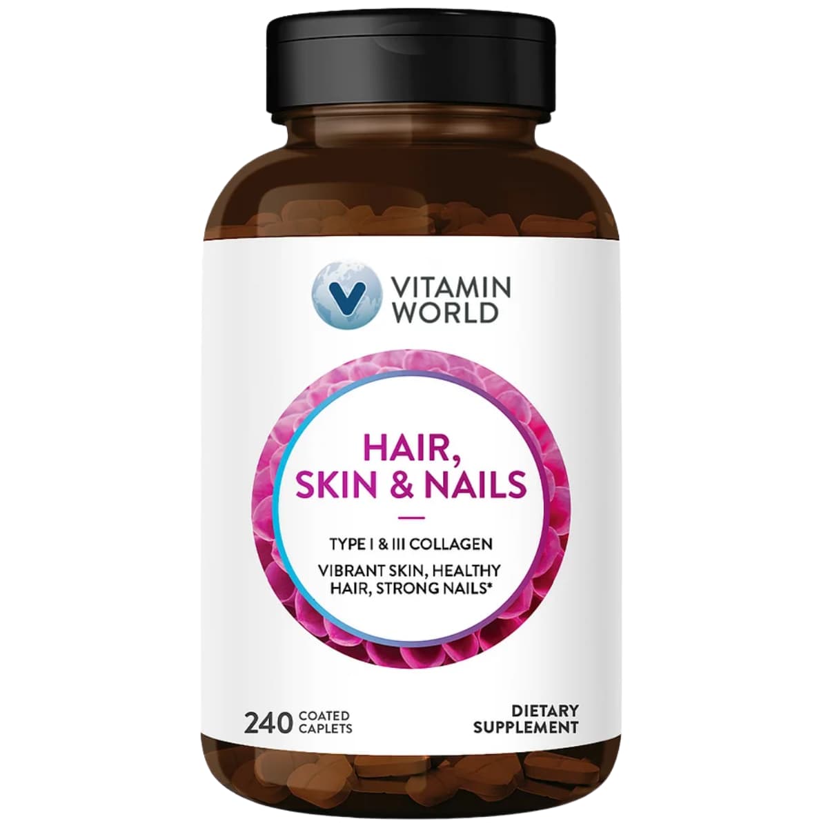 Frasco de suplemento Vitamin World Colágeno Tipo I y III Cabello, Piel y Uñas 240 cápsulas