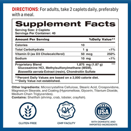 Tabla nutricional del suplemento Vitamin World Joint Mover Triple Strength 80 tabletas recubiertas