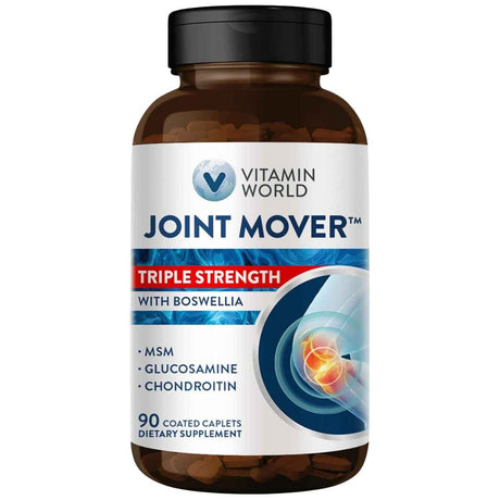 Frasco de suplemento Vitamin World Joint Mover Triple Strength con Boswellia 90 comprimidos recubiertos