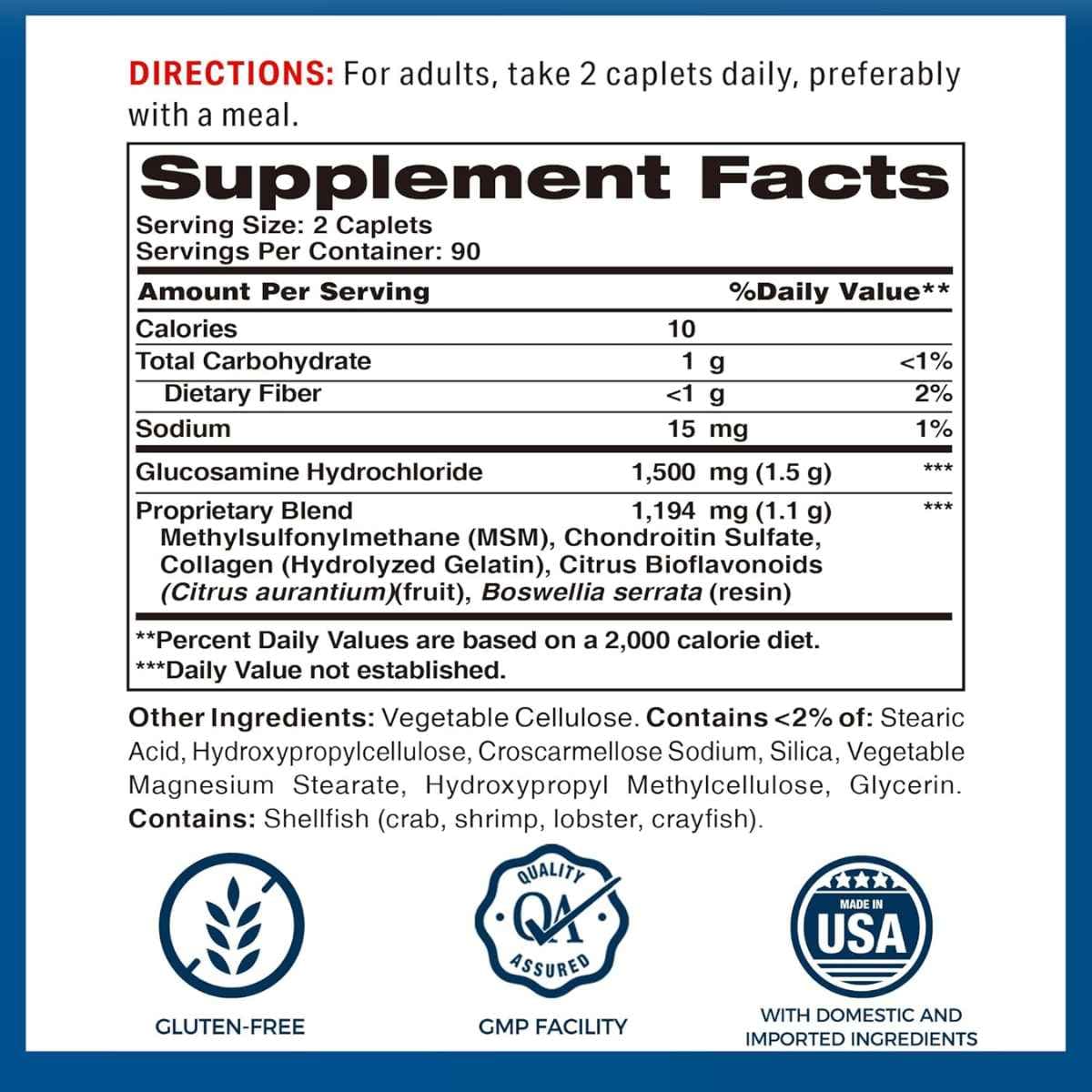 Tabla nutricional del suplemento Vitamin World Joint Mover Triple Strength con Boswellia 180 comprimidos recubiertos