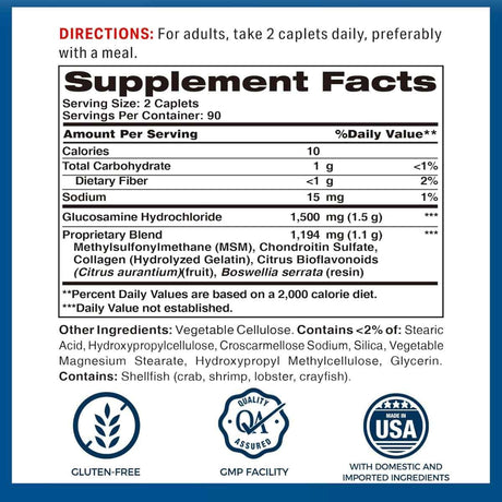 Tabla nutricional del suplemento Vitamin World Joint Mover Triple Strength con Boswellia 180 comprimidos recubiertos
