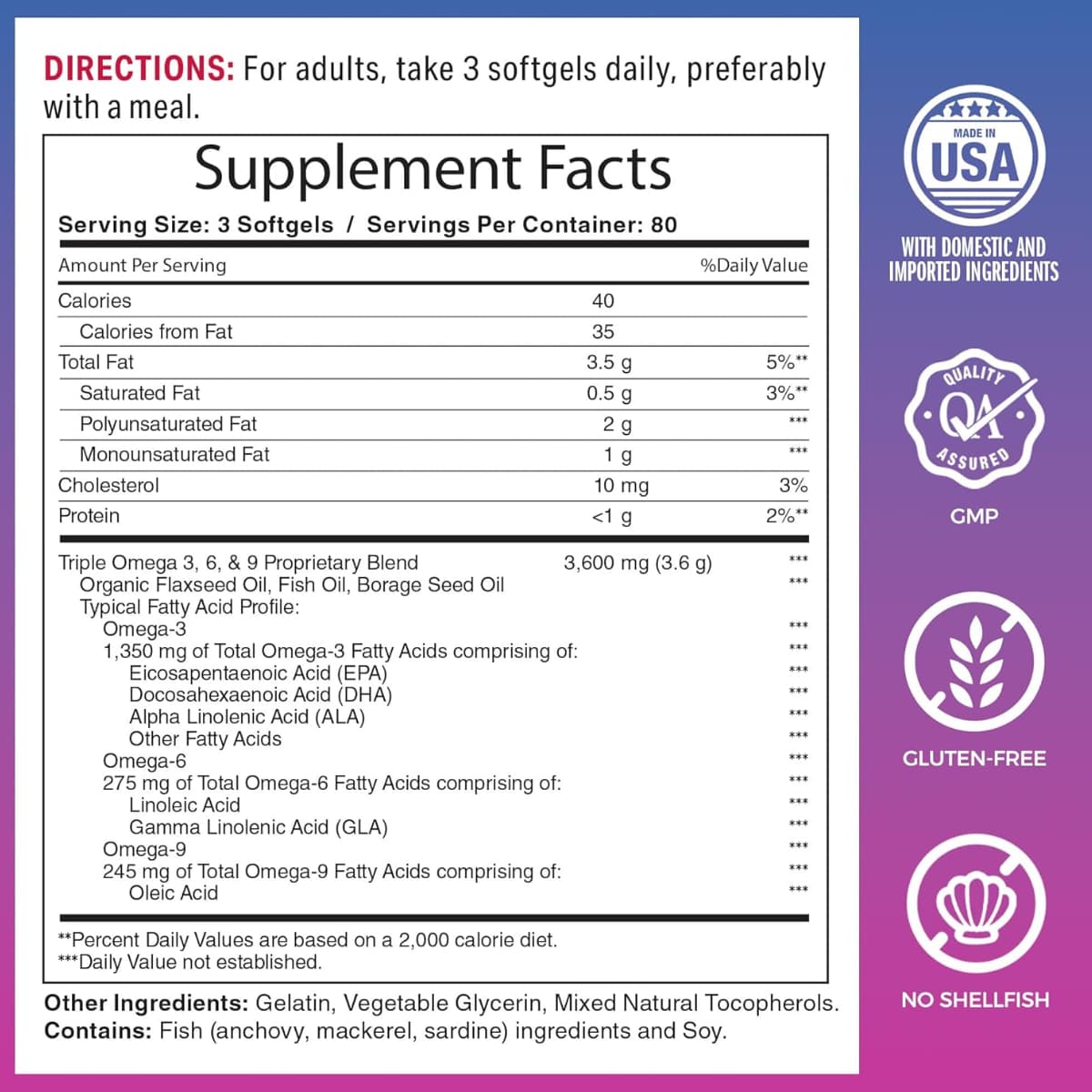 Tabla nutricional del suplemento Vitamin World Omega 3, 6 & 9 240 cápsulas blandas