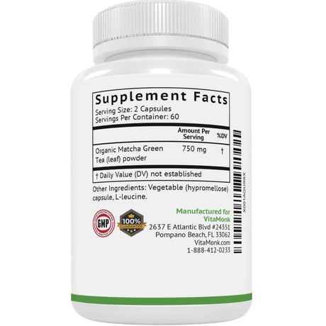 Tabla nutricional del suplemento VitaMonk Té Matcha Orgánico 120 cápsulas