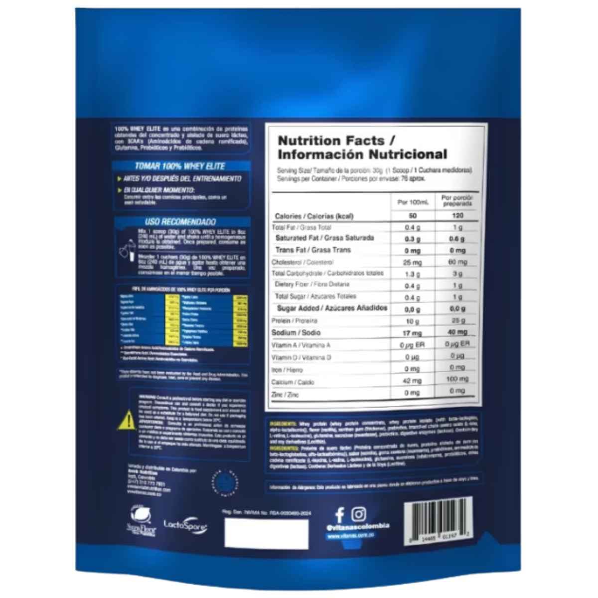 Tabla nutricional de Vitanas 100% Whey Elite vainilla, presentación de 2 libras