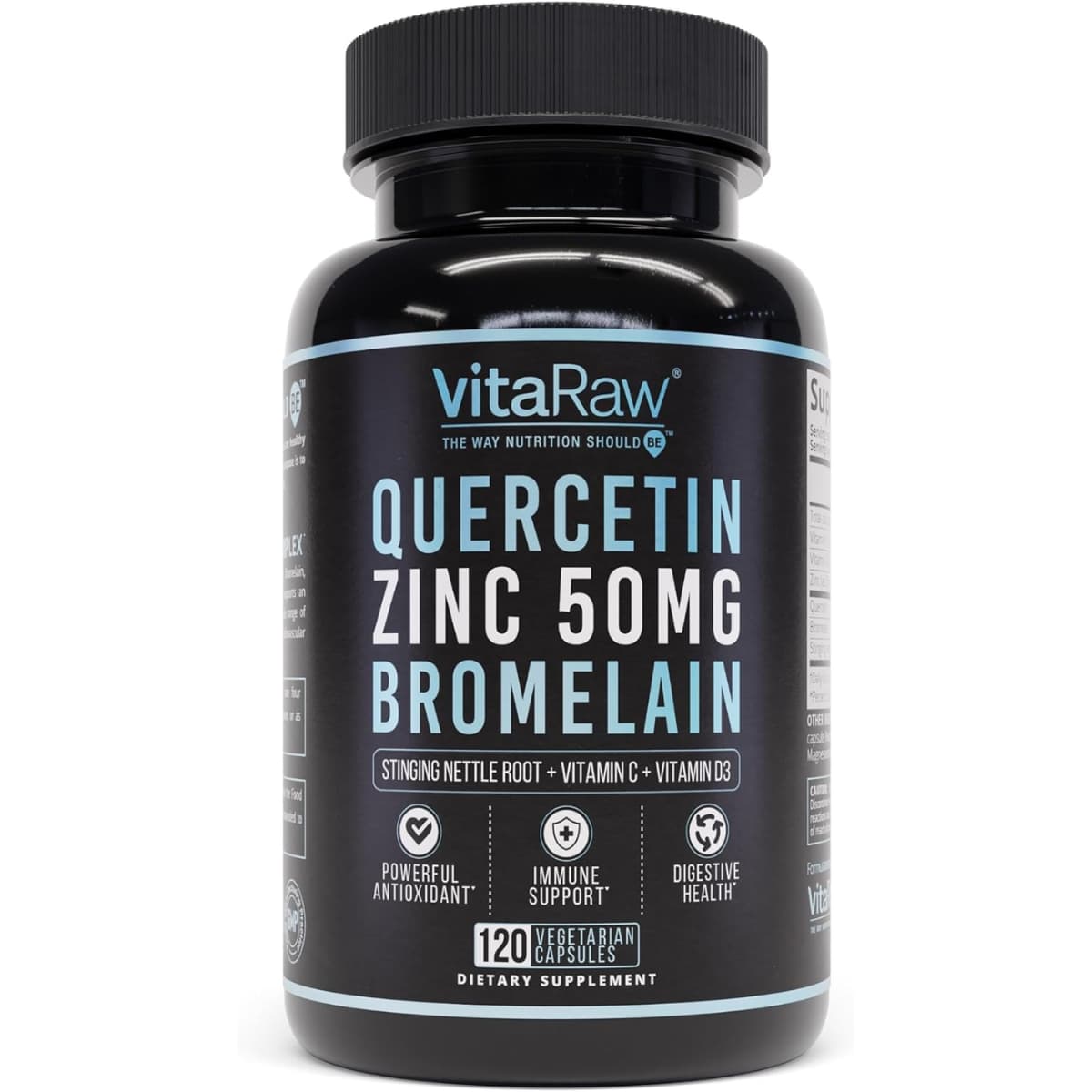 Frasco de suplemento VitaRaw Quercetina con Zinc y Bromelina 120 cápsulas vegetarianas