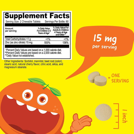 Tabla nutricional del suplemento VitaWorks Citrato de Zinc Cereza 15 mg 120 tabletas masticables