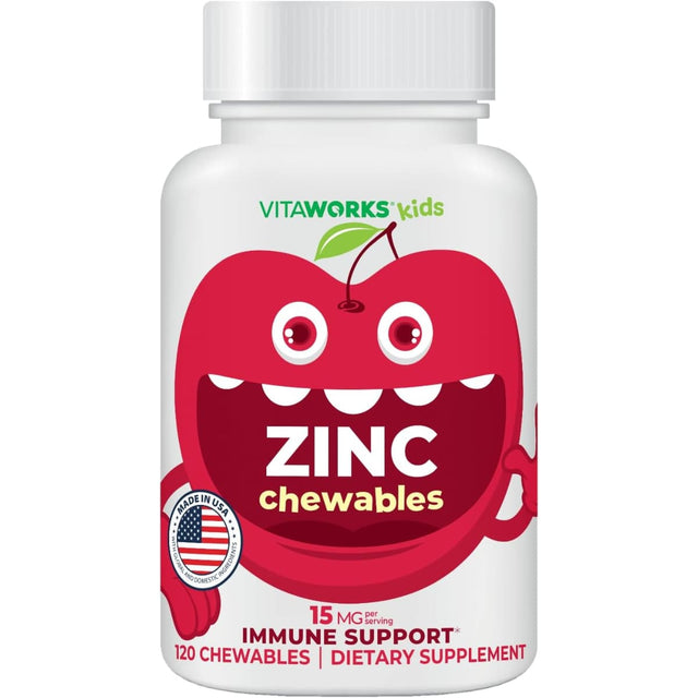 Frasco de suplemento VitaWorks Citrato de Zinc Cereza 15 mg 120 tabletas masticables