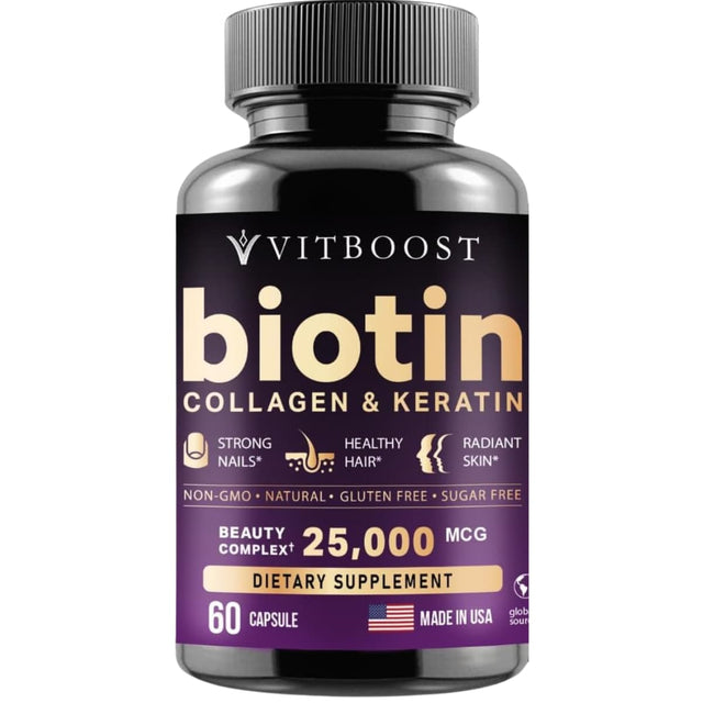 Frasco de suplemento Vitboost Biotina con Colágeno y Queratina 60 cápsulas