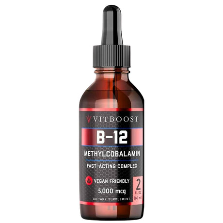 Frasco de suplemento VitBoost Vitamina B12 Metilcobalamina Frambuesa 60 ml