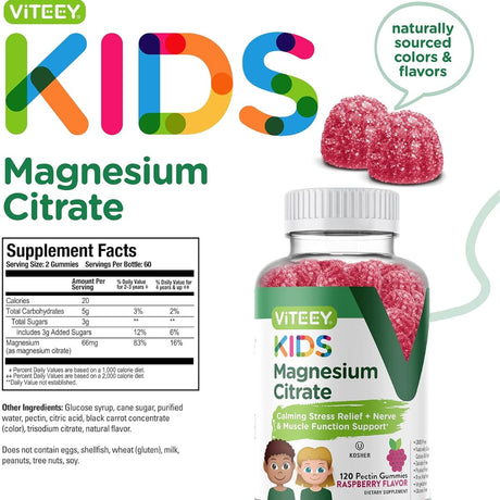 Etiqueta Supplement Facts de VITEEY Magnesium Citrate Gummies sabor frambuesa de 120 gomitas