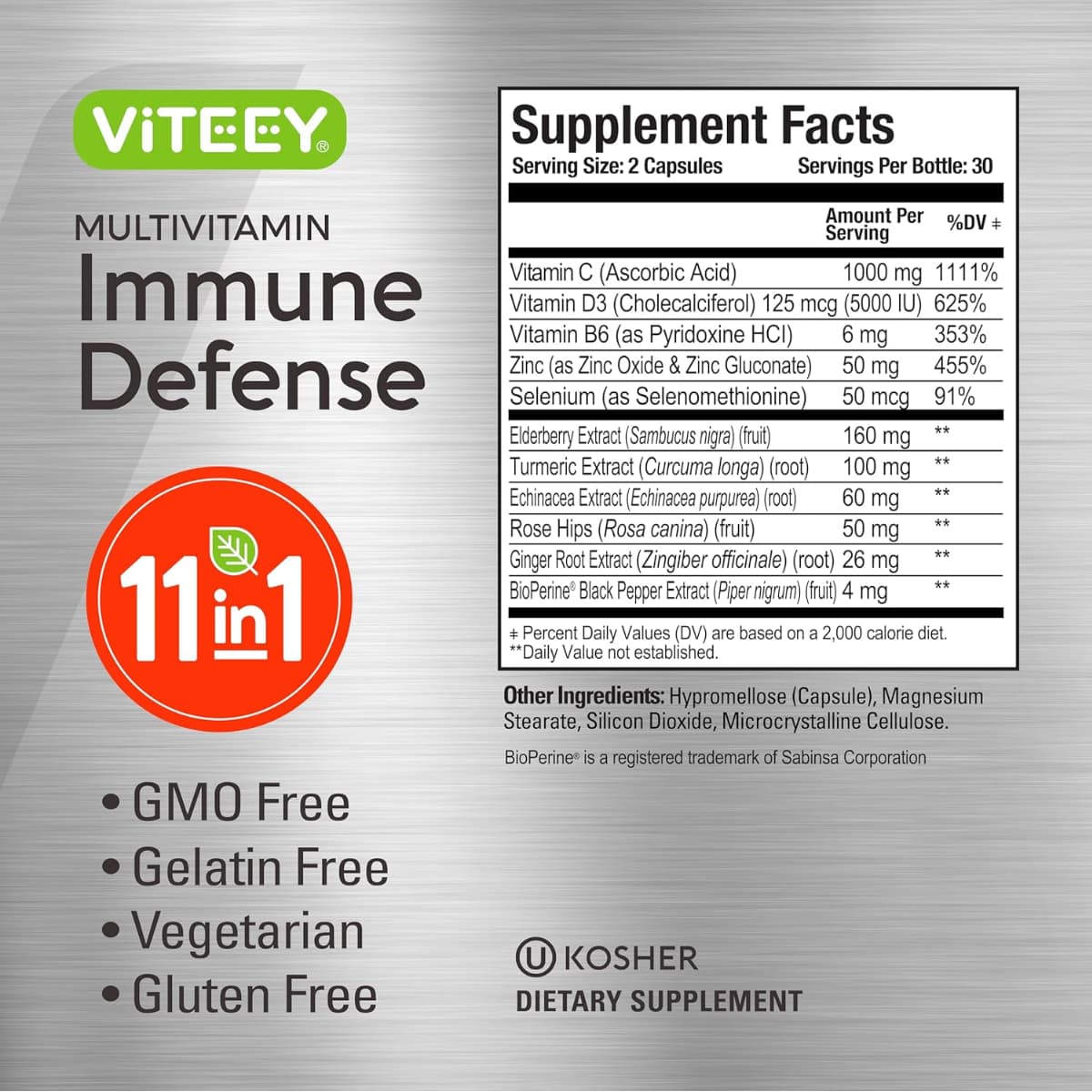 Tabla nutricional del suplemento Viteey Immune Defense 1000 mg Vitamina C 60 cápsulas