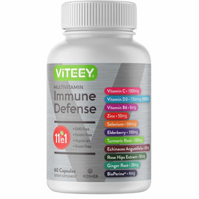 Frasco de suplemento Viteey Immune Defense 1000 mg Vitamina C 60 cápsulas