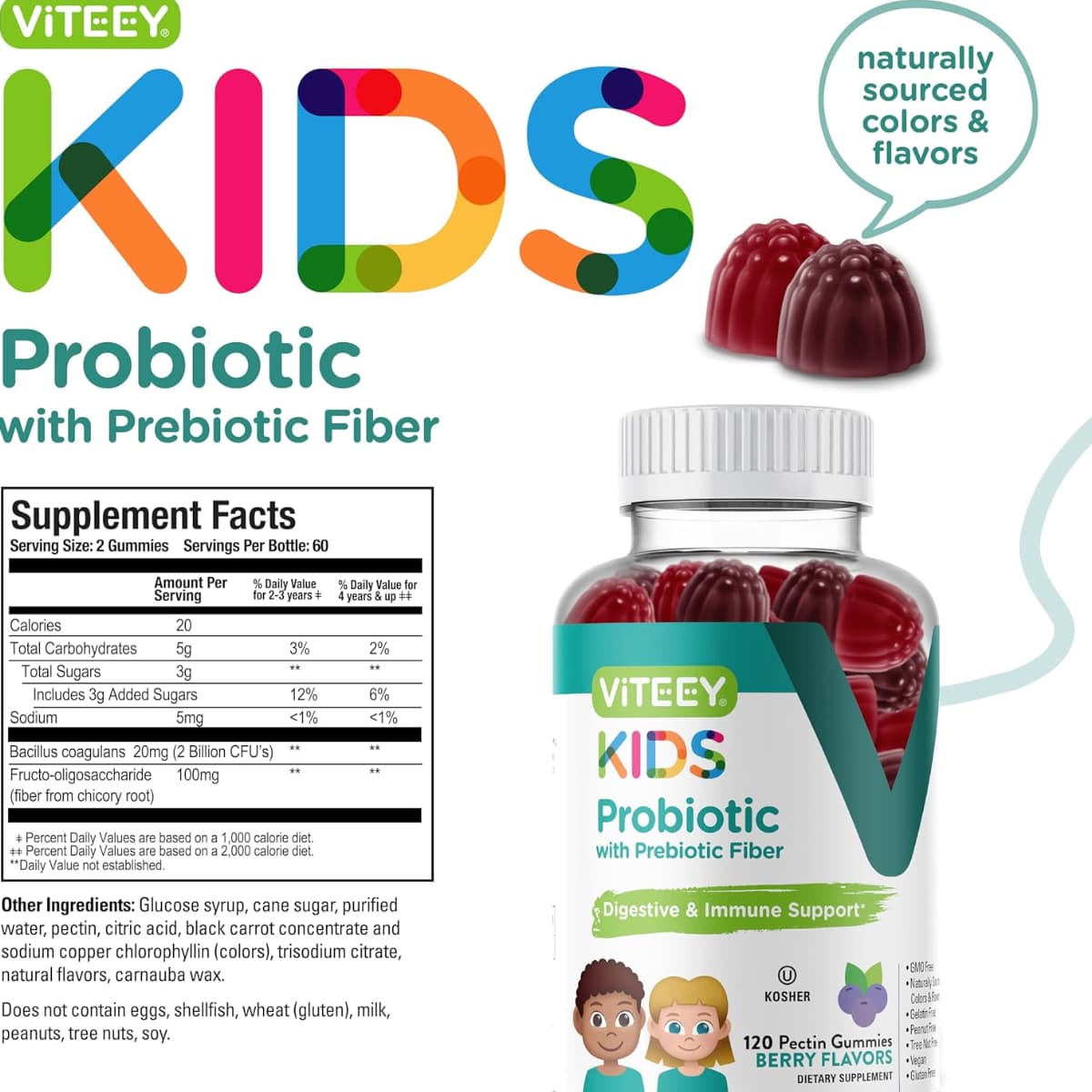 Tabla nutricional del suplemento Viteey Probióticos con Fibra Prebiótica sabor Bayas 120 gomitas