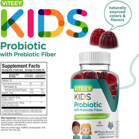 Tabla nutricional del suplemento Viteey Probióticos con Fibra Prebiótica sabor Bayas 60 gomitas