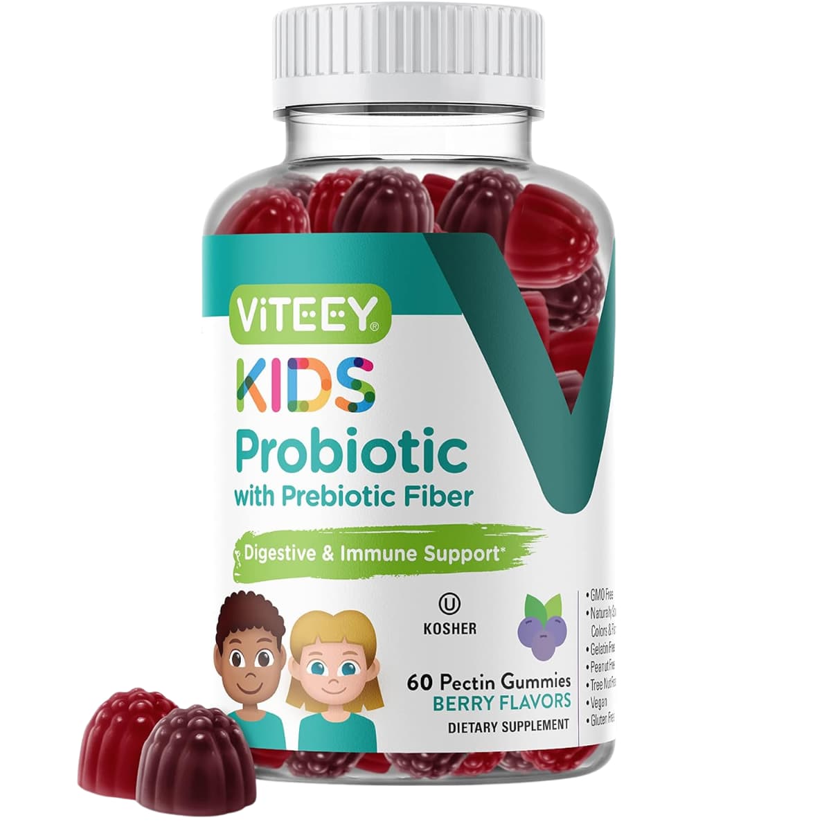 Frasco de suplemento Viteey Probióticos con Fibra Prebiótica sabor Bayas 60 gomitas