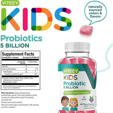 Tabla nutricional del suplemento VITEEY Probióticos para Niños 5 Mil Millones CFU 60 gomitas