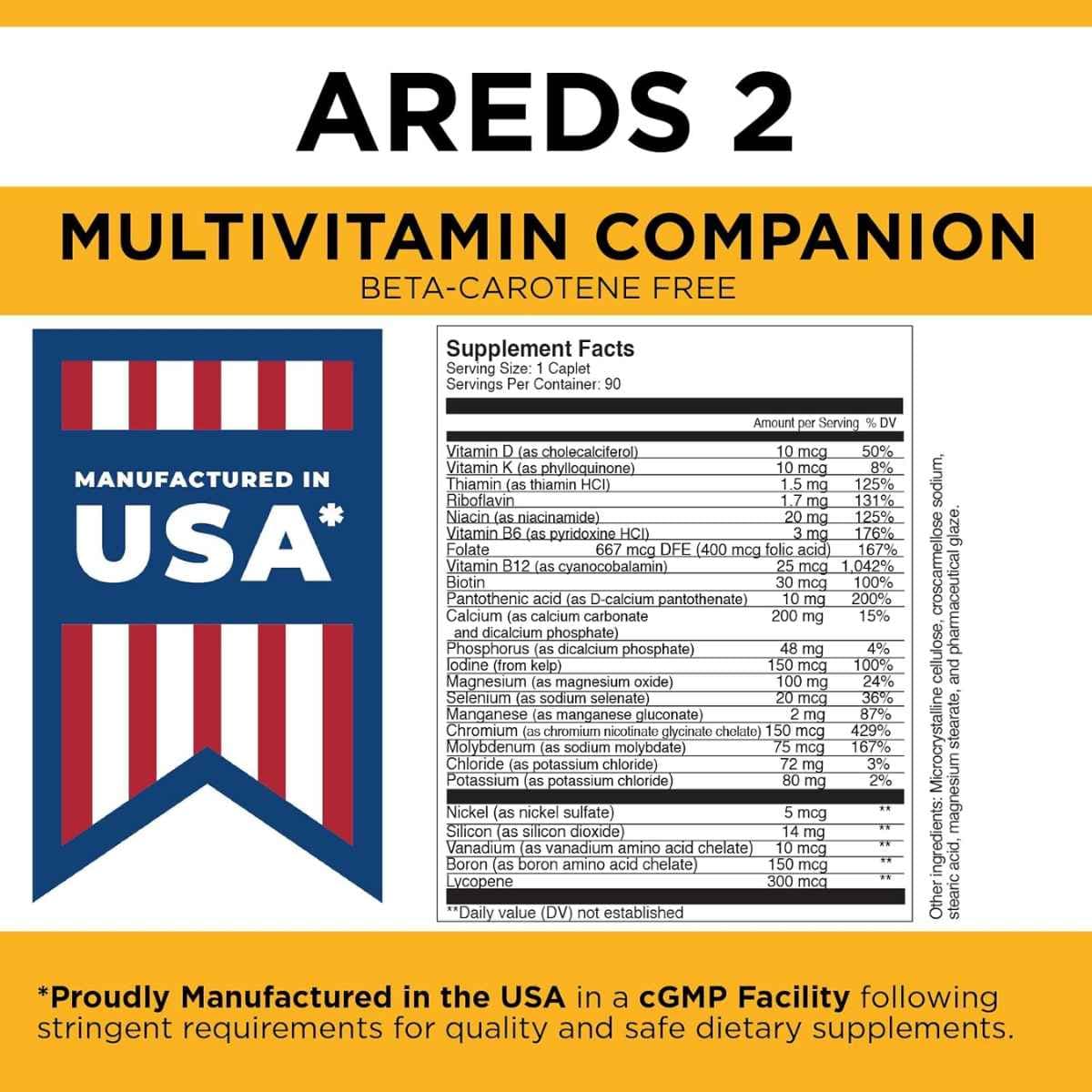 Tabla nutricional del suplemento Viteyes Multivitamínico Complementario AREDS 2, con 90 Tabletas