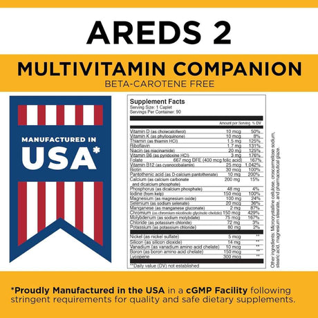 Tabla nutricional del suplemento Viteyes Multivitamínico Complementario AREDS 2, con 90 Tabletas