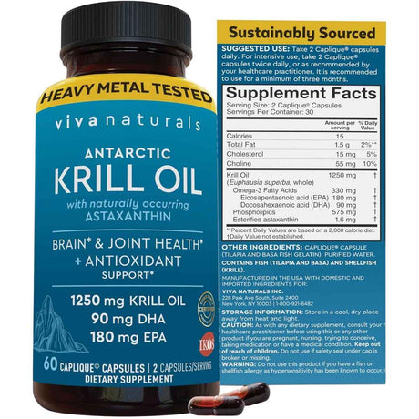 Frasco de suplemento Viva Naturals Aceite de Kril 60 cápsulas