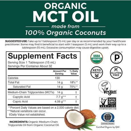 Tabla nutricional del suplemento Viva Naturals Aceite MCT Orgánico 473 ml