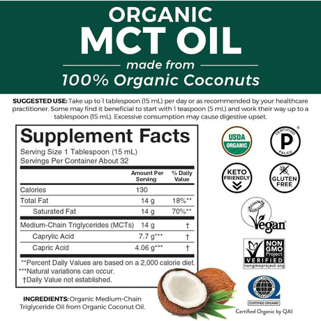 Tabla nutricional del suplemento Viva Naturals Aceite MCT Orgánico 946 ml