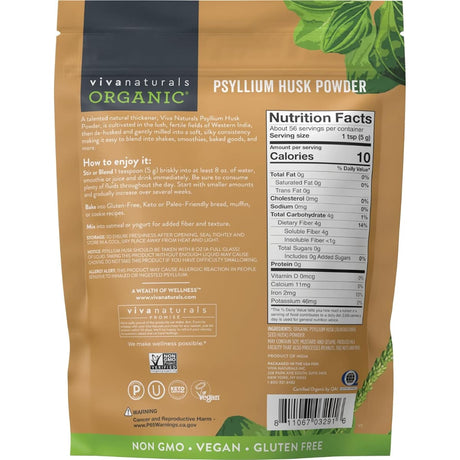 Tabla nutricional del suplemento Viva Naturals Cáscara de Psyllium Orgánica 283 gramos