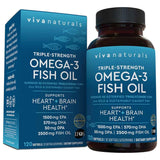 Caja y frasco de Viva Naturals Omega 3 Fish Oil, 120 cápsulas blandas.