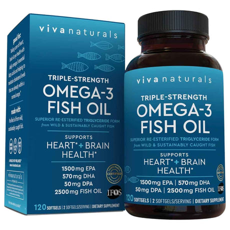 Caja y frasco de Viva Naturals Omega 3 Fish Oil, 120 cápsulas blandas.