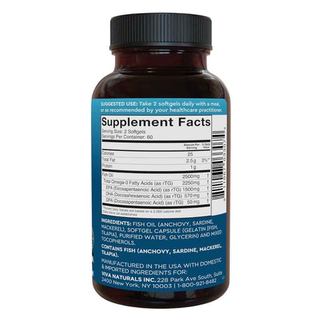 Etiqueta Supplement Facts de Viva Naturals Omega 3 Fish Oil, presentación de 120 cápsulas blandas.