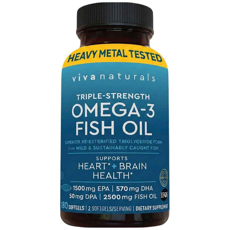 Frasco de Viva Naturals Omega 3 Fish Oil, 180 cápsulas blandas, con vista frontal y etiqueta lateral.