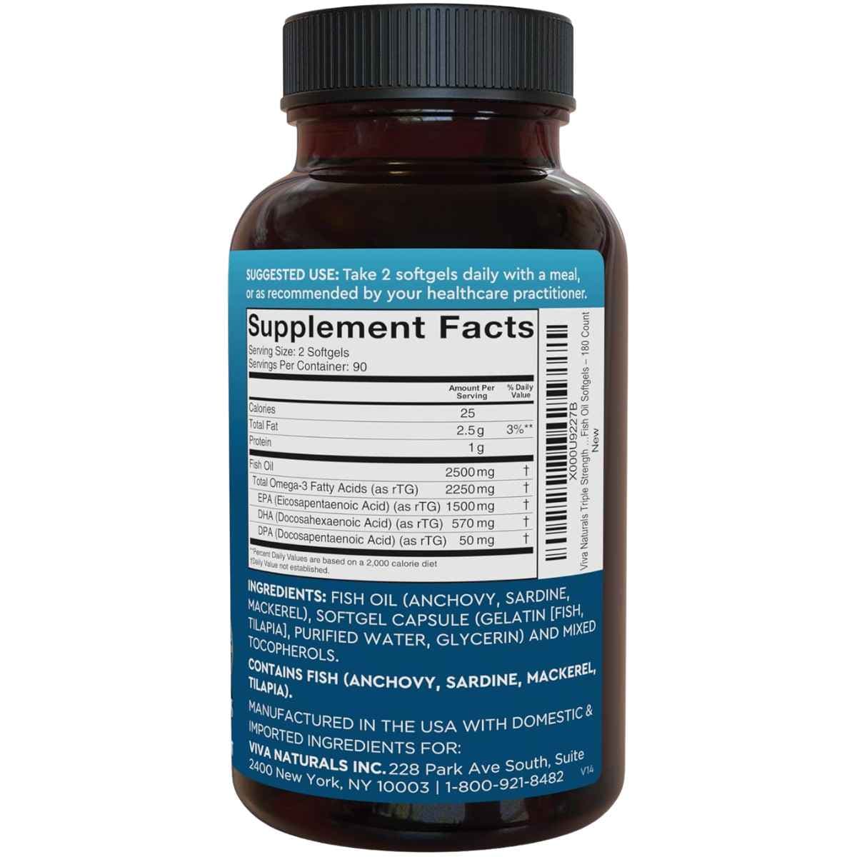 Etiqueta Supplement Facts de Viva Naturals Omega 3 Fish Oil, presentación de 180 cápsulas blandas.