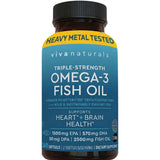 Frasco de Viva Naturals Omega 3 Fish Oil, 240 cápsulas blandas, con vista frontal y etiqueta lateral.