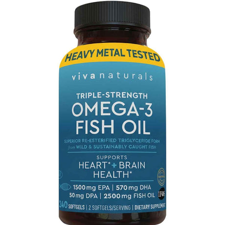 Frasco de Viva Naturals Omega 3 Fish Oil, 240 cápsulas blandas, con vista frontal y etiqueta lateral.