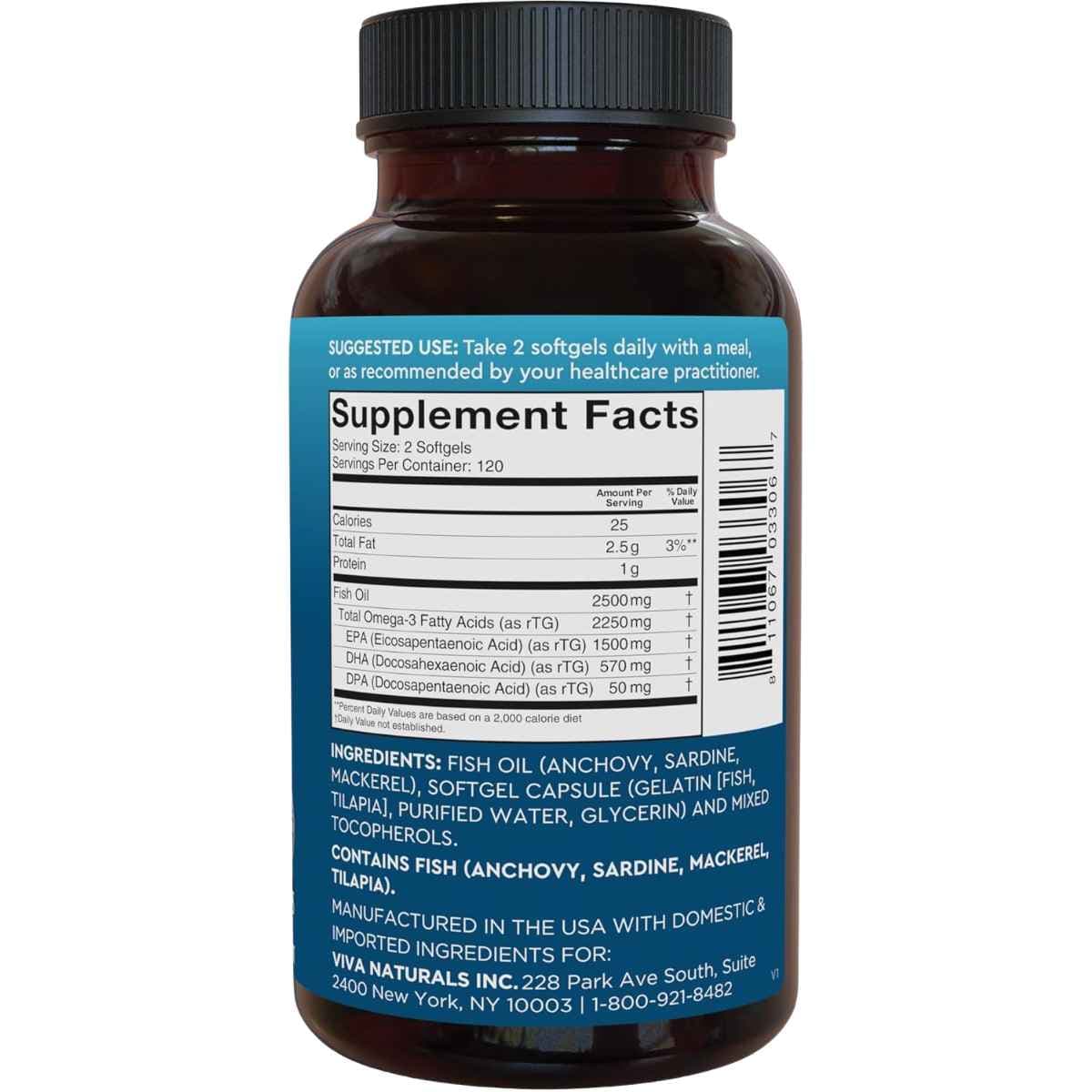 Etiqueta Supplement Facts de Viva Naturals Omega 3 Fish Oil, presentación de 240 cápsulas blandas.