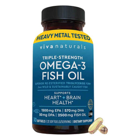 Frasco de Viva Naturals Omega 3 Fish Oil, 30 cápsulas blandas, vista frontal.
