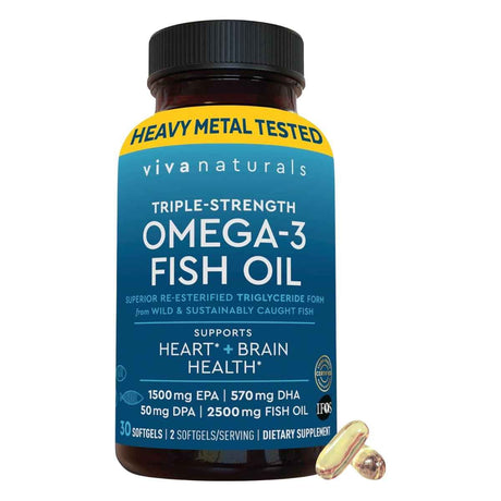 Frasco de Viva Naturals Omega 3 Fish Oil, 30 cápsulas blandas, vista frontal.
