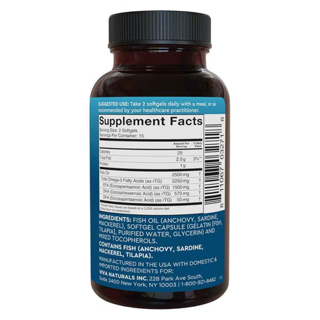 Etiqueta Supplement Facts de Viva Naturals Omega 3 Fish Oil, presentación de 30 cápsulas blandas.