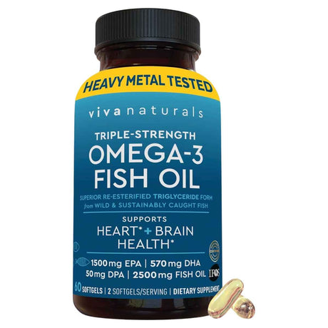 Frasco de Viva Naturals Omega 3 Fish Oil, 60 cápsulas blandas, vista frontal.