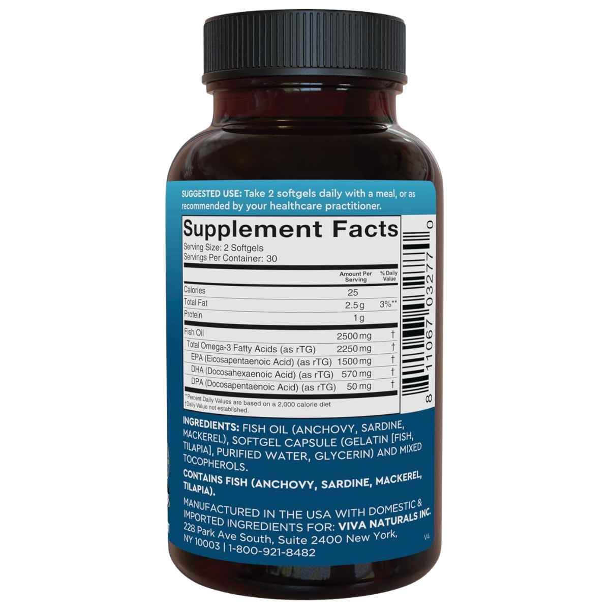 Etiqueta Supplement Facts de Viva Naturals Omega 3 Fish Oil, presentación de 60 cápsulas blandas.