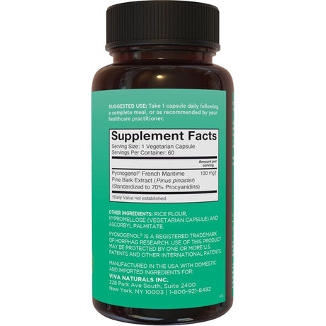 Tabla nutricional del suplemento Viva Naturals Pycnogenol 100 mg 60 cápsulas vegetales