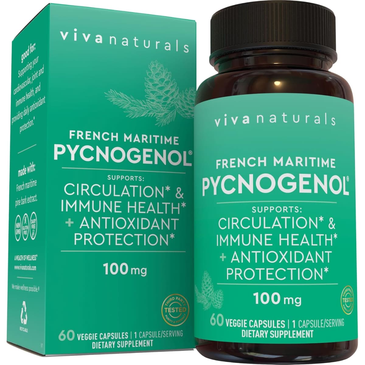 Frasco de suplemento Viva Naturals Pycnogenol 100 mg 60 cápsulas vegetales