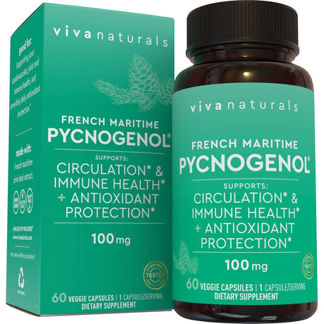 Frasco de suplemento Viva Naturals Pycnogenol 100 mg 60 cápsulas vegetales