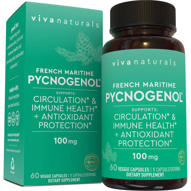 Frasco de suplemento Viva Naturals Pycnogenol 100 mg 60 cápsulas vegetales