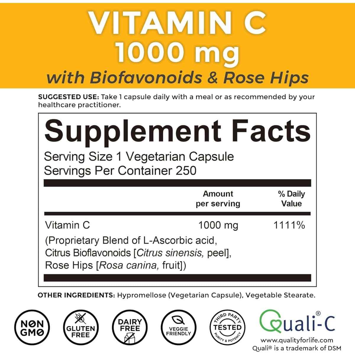 Tabla nutricional del suplemento Viva Naturals Vitamina C 1000 mg 250 cápsulas