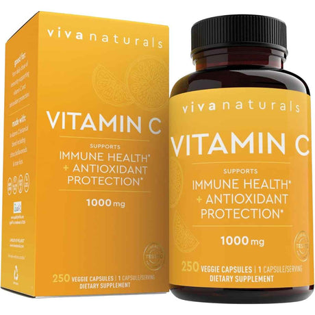 Frasco de suplemento Viva Naturals Vitamina C 1000 mg 250 cápsulas