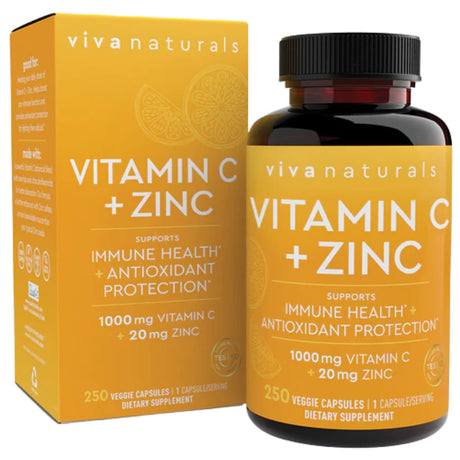 Frasco de suplemento Viva Naturals Vitamina C y Zinc 250 cápsulas
