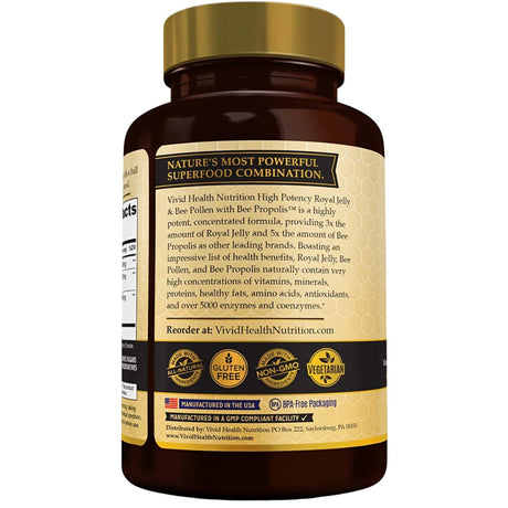 Etiqueta con información del suplemento Vivid Health Nutrition Jalea Real y Polen de Abeja 90 cápsulas