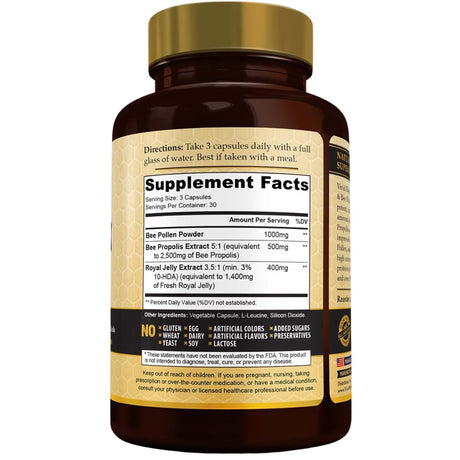Tabla nutricional del suplemento Vivid Health Nutrition Jalea Real y Polen de Abeja 90 cápsulas